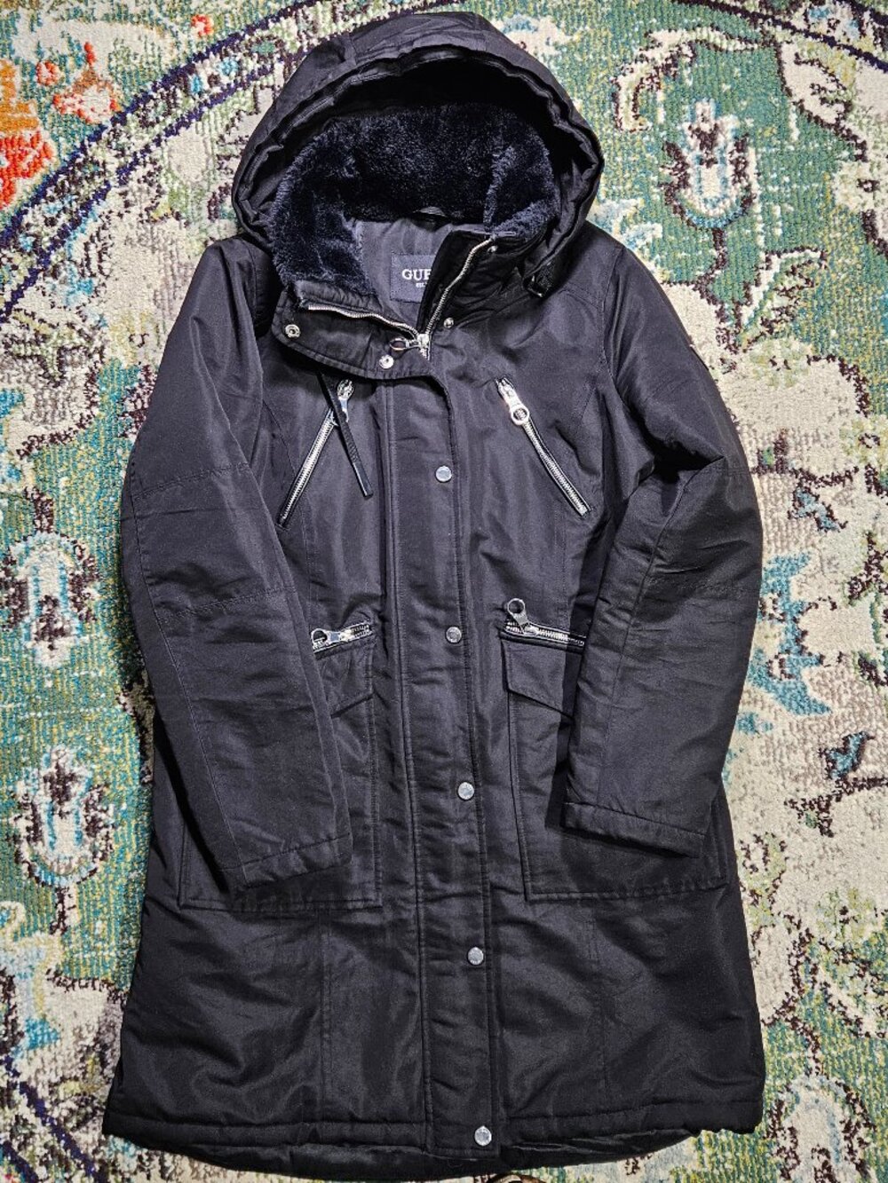 Guess Black Hooded Parka Jacket Faux Fur Quilted Size M